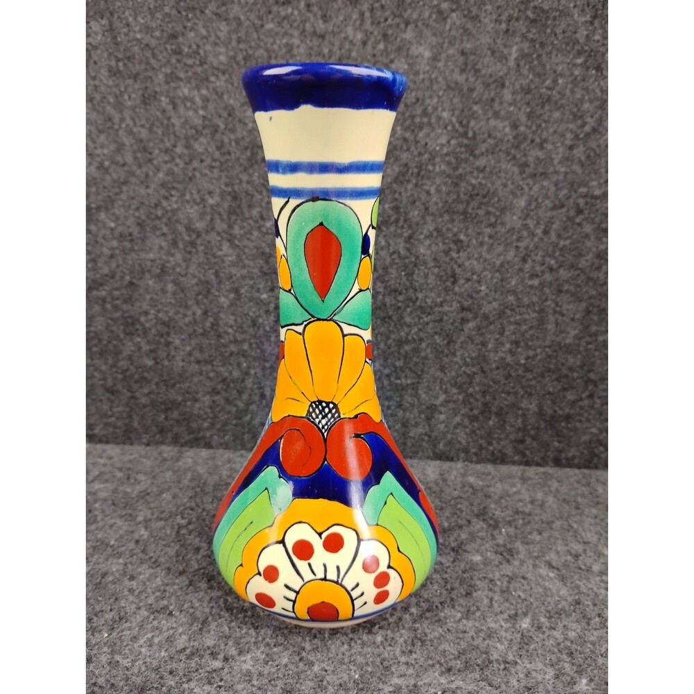 Talavera Mexican Folk Art Pottery Hand Painted Bud Vase 6.5"  Signed Lead Free